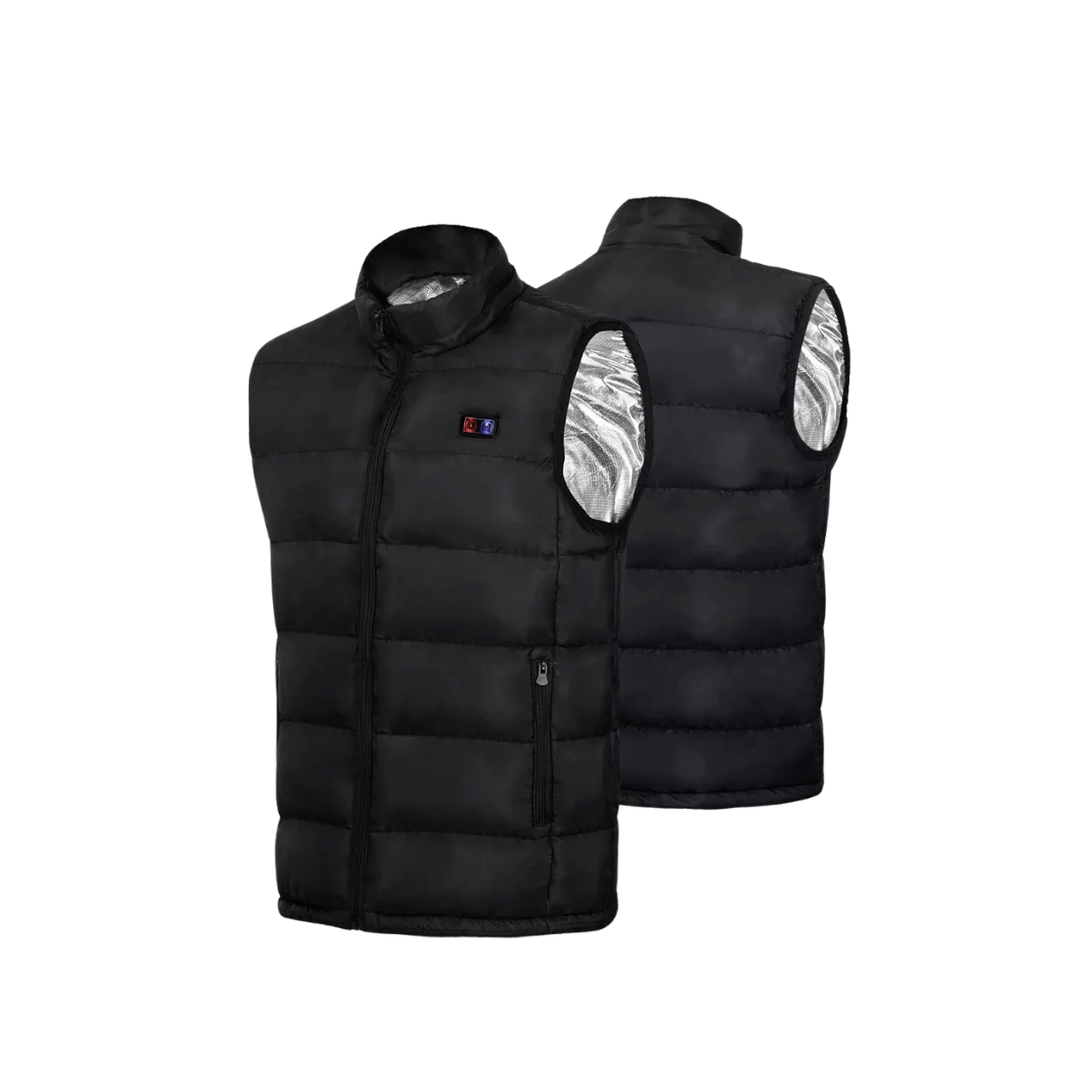 Heated vest in black, front and back view with silver inner lining