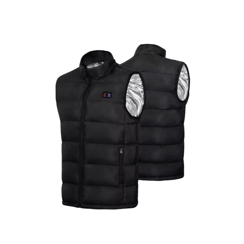 Heated vest in black, front and back view with silver inner lining