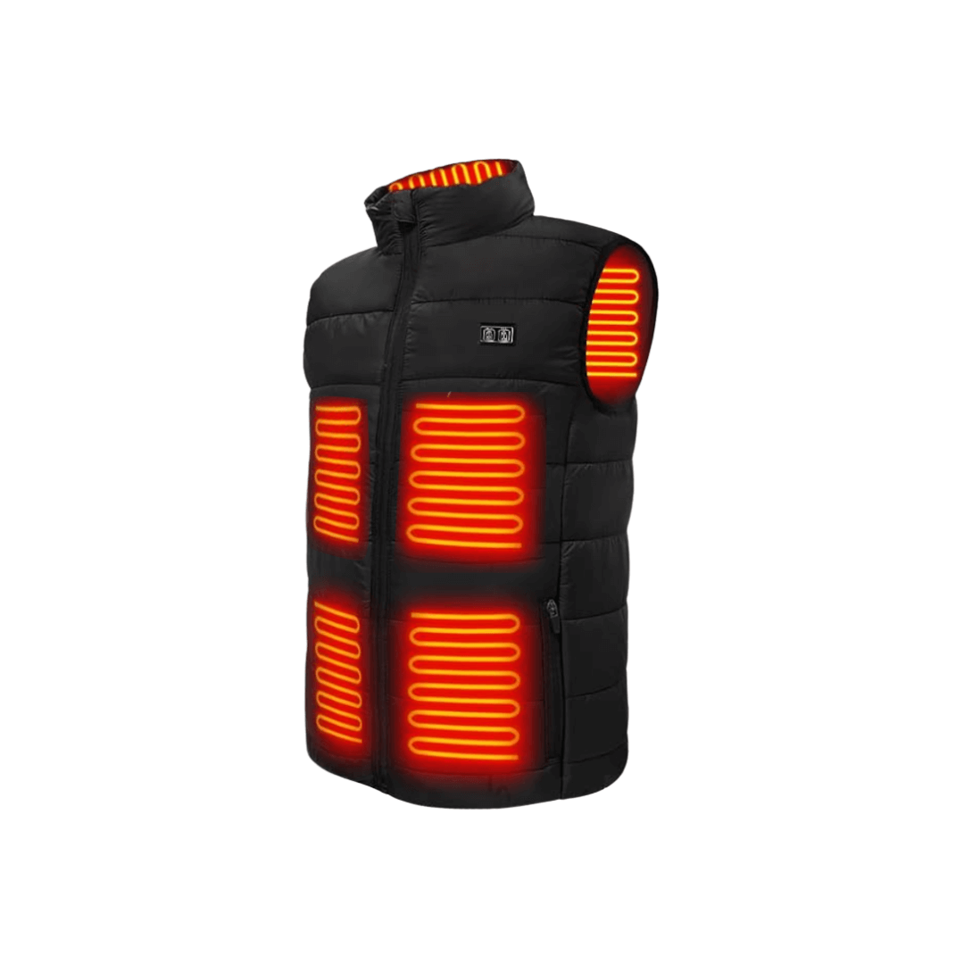 Black heated vest from the front, with the heating panels at neck, chest and stomach glowing