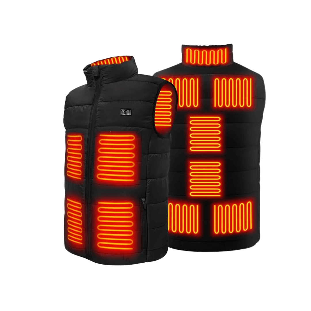 Black heated vest, front and back, with all nine heating panels glowing