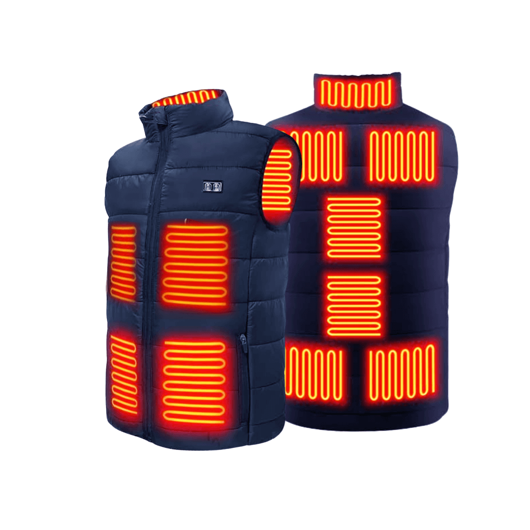 Heated vest in navy, front and back, showing the nine heating panels