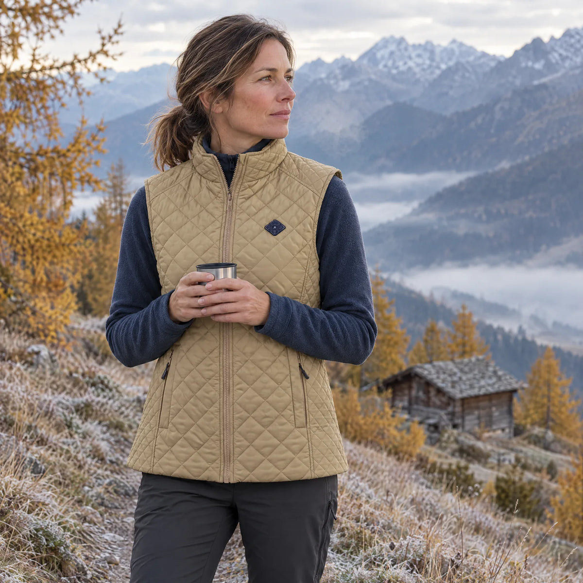 Woman in the beige heated quilted vest on a mountain trail