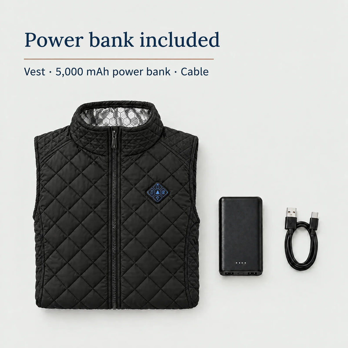 What's included: women's heated vest, 5,000 mAh power bank and cable