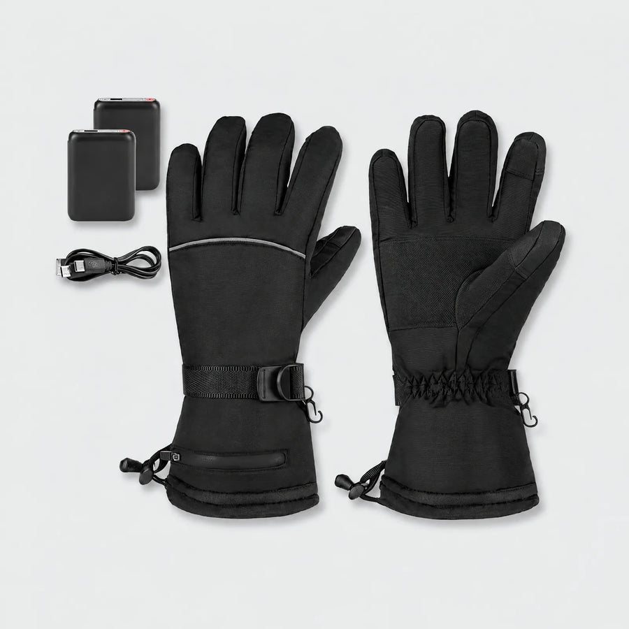 Alpenwarm heated winter gloves in black with two power banks and USB charging cable