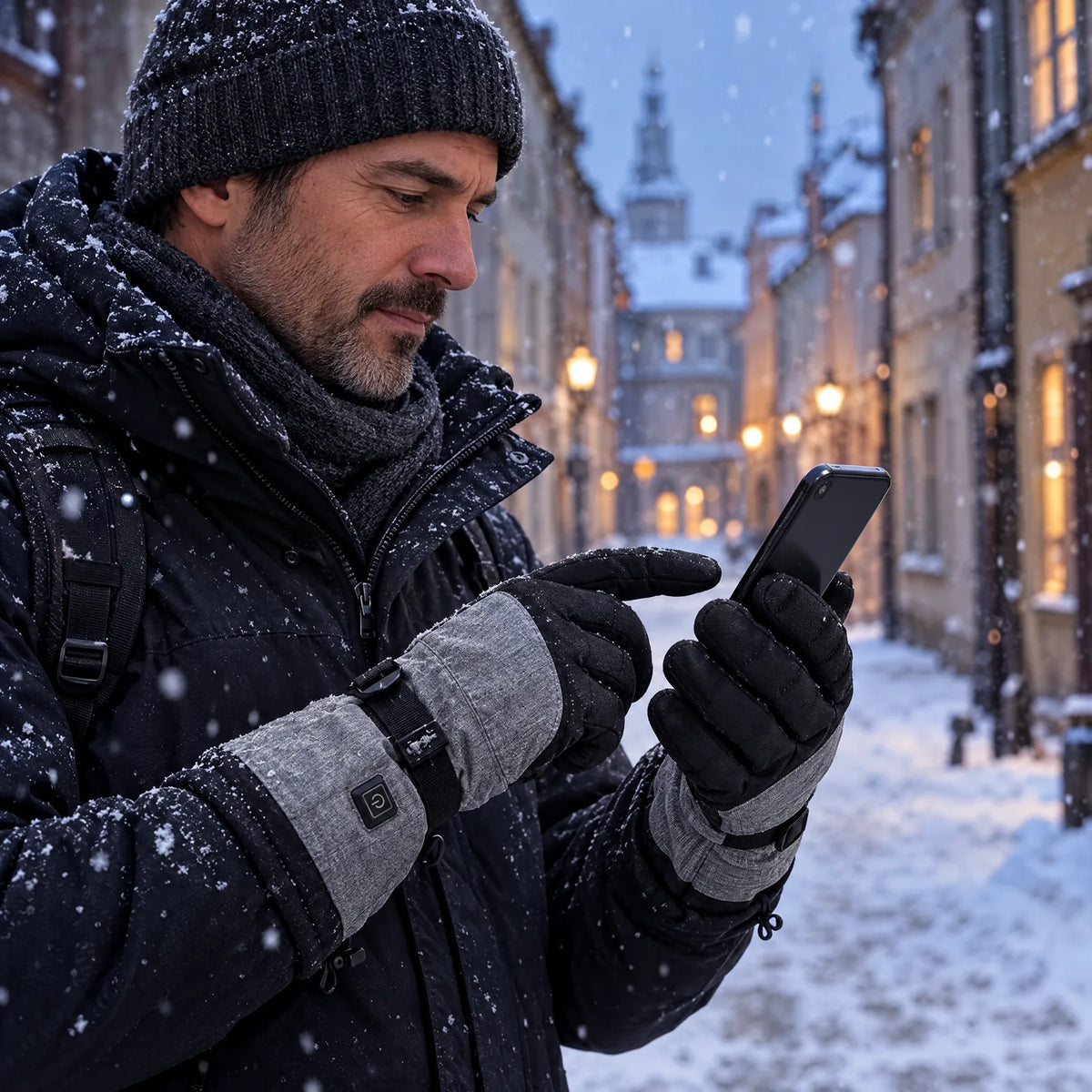 Man using his phone in the gray heated winter gloves in a snowy old-town lane