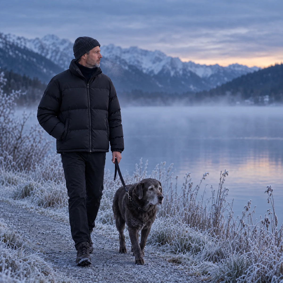 Man in the black heated puffer jacket walking his dog along a frosty lakeshore