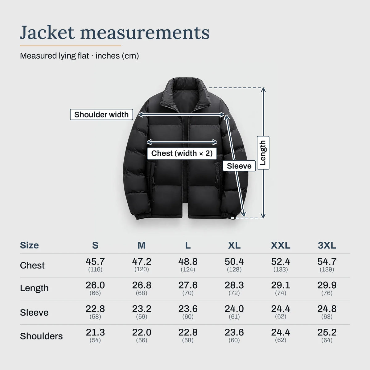Jacket measurements – Heated Puffer Jacket with 6 Heating Zones