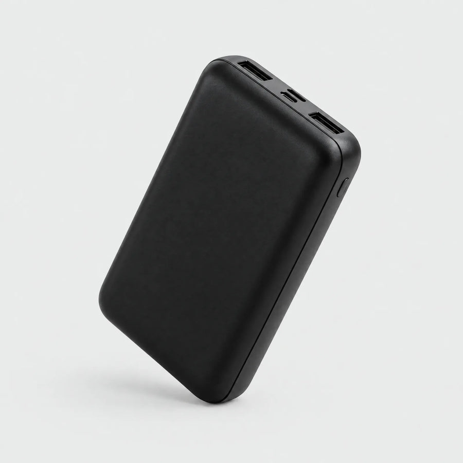Alpenwarm Power Bank 10,000 mAh in black, three-quarter view