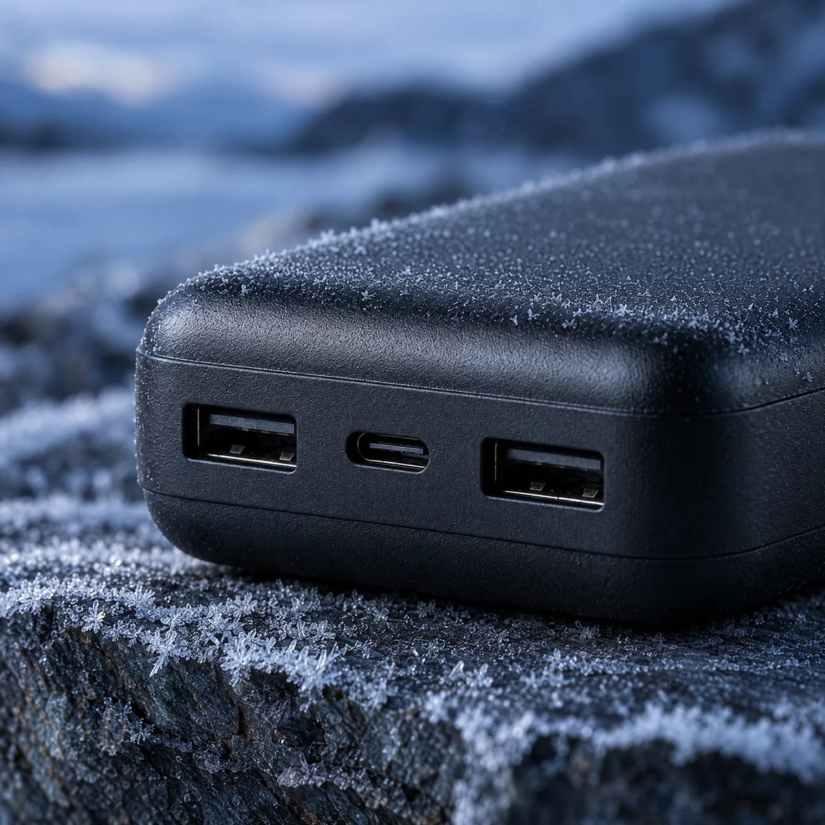 Ports of the 10,000 mAh power bank: two USB-A and USB-C, on frosted slate