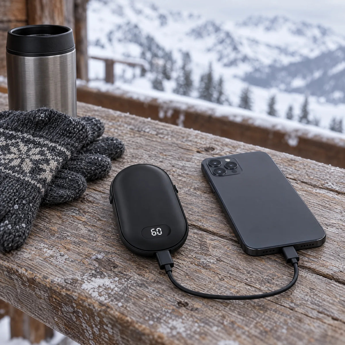Rechargeable hand warmer charging a phone by cable on a mountain hut bench