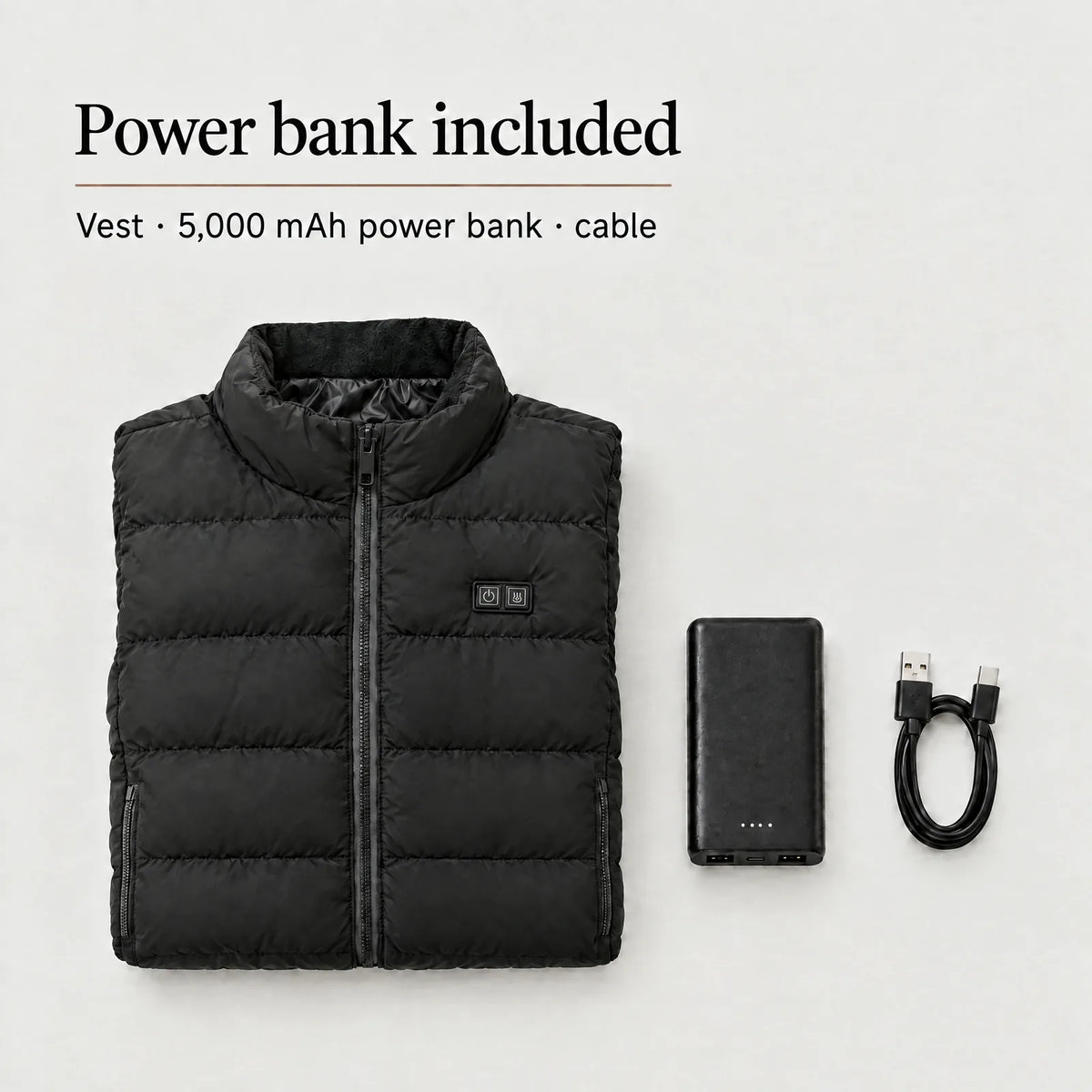In the box: heated vest, 5,000 mAh power bank and USB cable