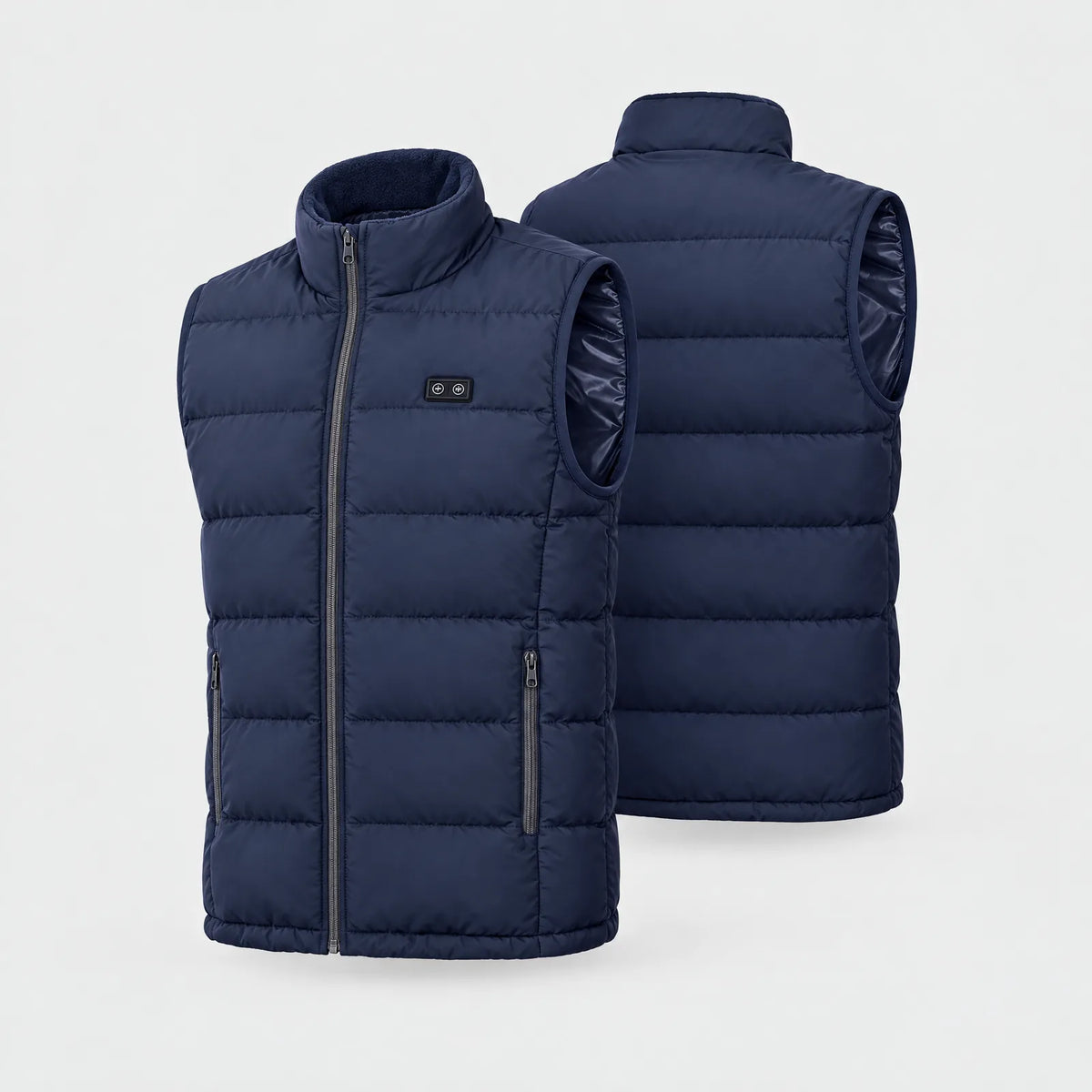 Heated vest in navy, front and back view