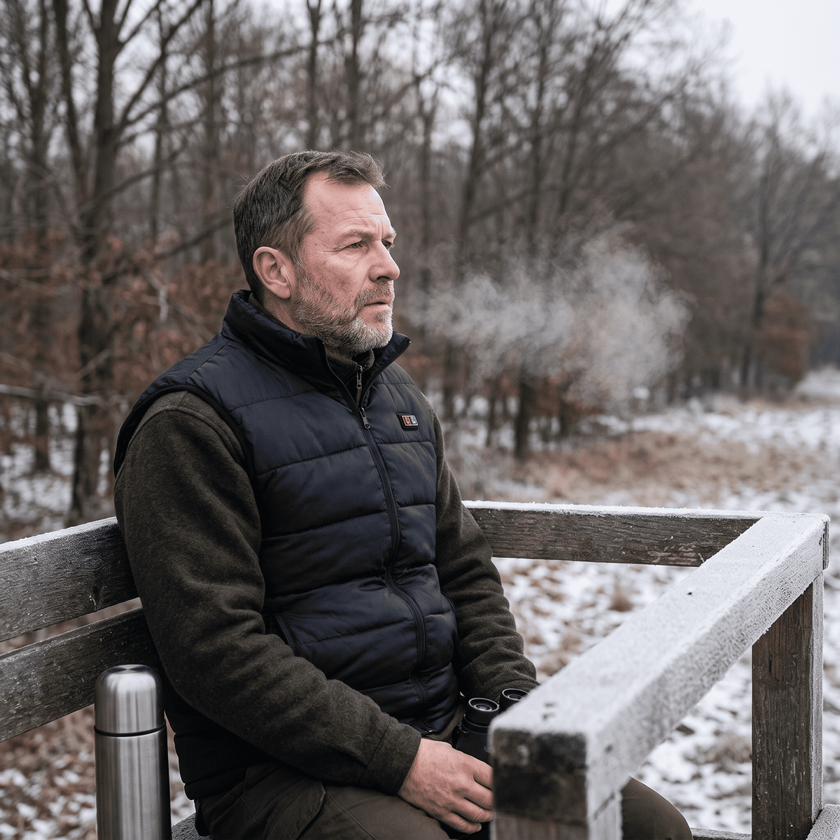Man sitting on a bench in a frosty forest, wearing the heated vest over a fleece
