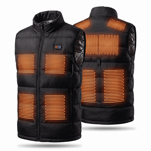 Alpenwarm HeatVest Pro in black, front and back, with the nine heating zones marked