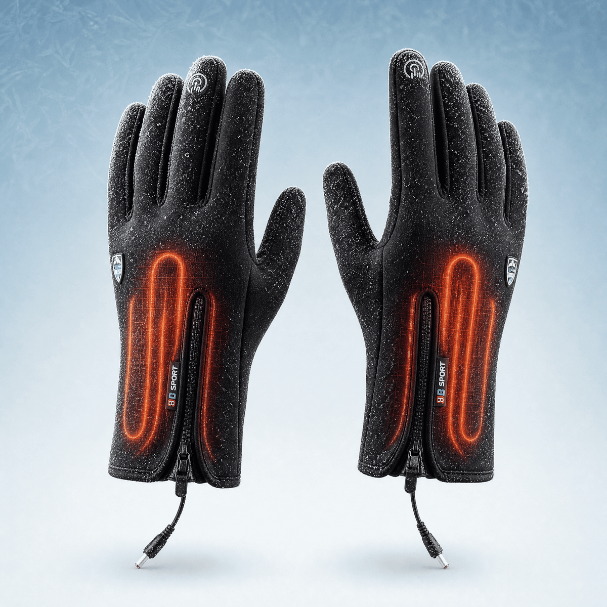Pair of heated gloves with the heating elements on the back of the hand marked